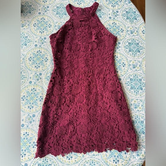 Lulus Love Poem Burgundy Lace Halter Mini Dress, Medium - Picture 3 of 7